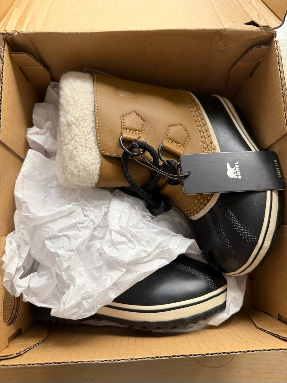 Sorel Kids Waterproof Winter Boot - Black & Tan with Cream Collar
